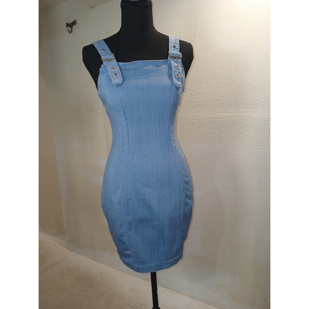 IRIS Light Wash Denim Bodycon Mini Dress Small Snug Fit Zipper Back Strappy